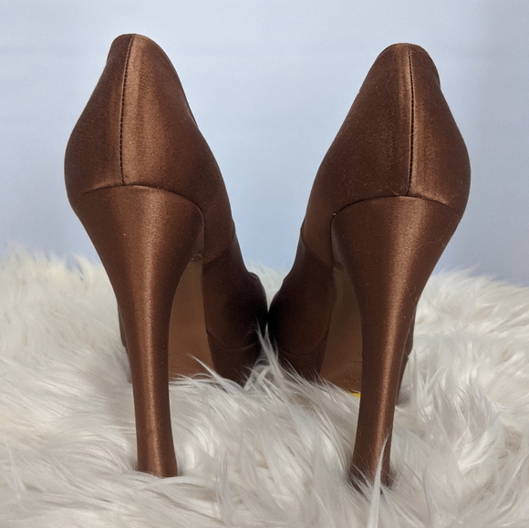 Brown Satin YSL Saint Laurent Peep Toe Heels Sz 40 - Picture 7 of 8
